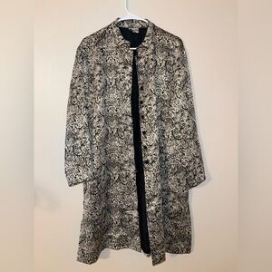 Chicos 3 (XL) Black Gold Metallic Floral Button Front Duster Jacket Silk Lining